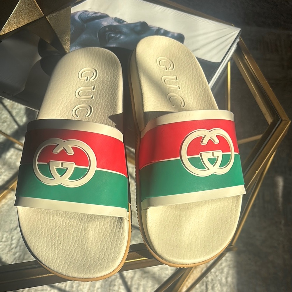 Gucci Cream Slides with Red and Green Stripes